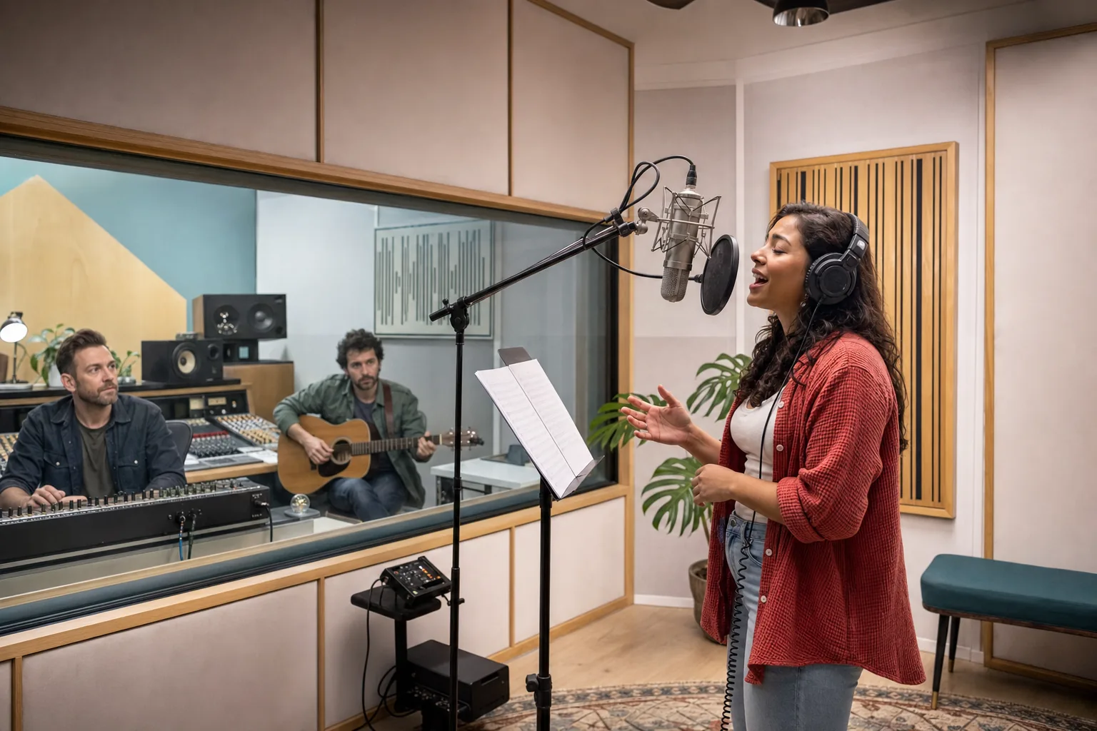 Singer recording a custom AdJingle with musicians and an engineer in the studio